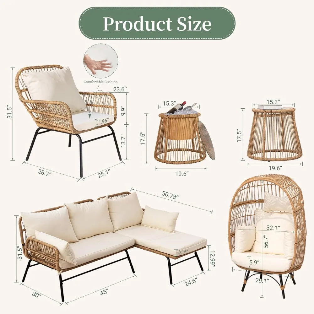 7-piece Bohemian Style Outdoor Courtyard Furniture Sofa Set, Including Egg Chairs, L-shaped Leisure Chairs, and Beige Cushions FREE Shipping