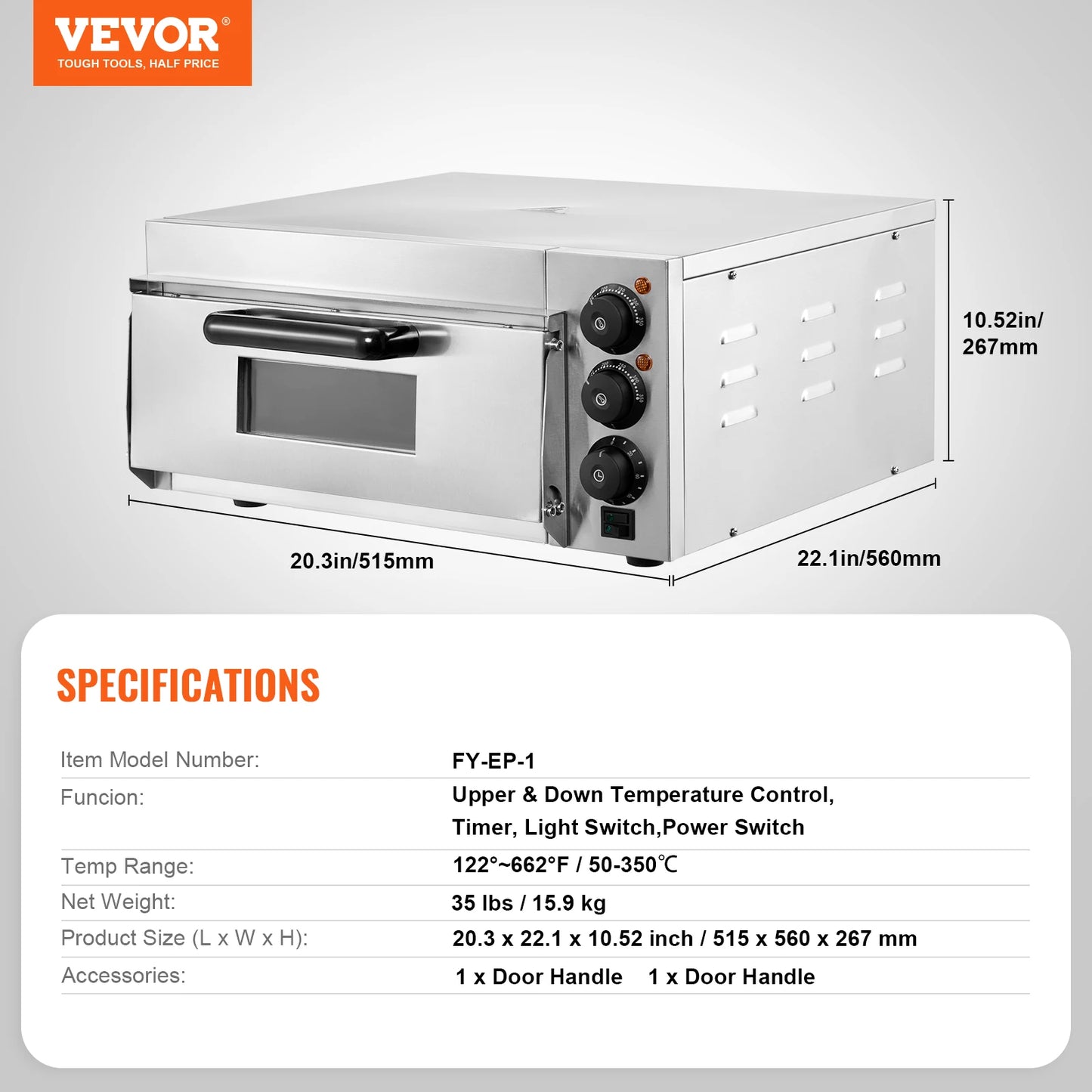 VEVOR Commercial Pizza Oven Countertop Single Deck Layer Stainless Steel Electric Pizza Oven with Stone and Handle Pizza Maker Free Shipping