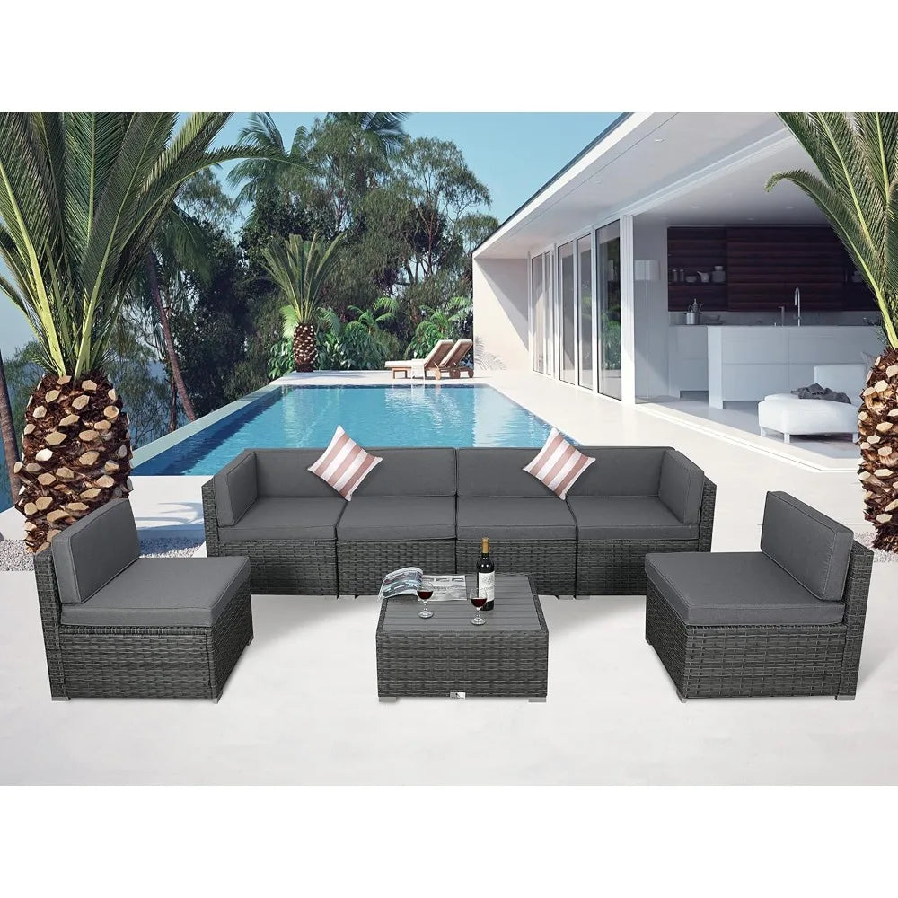 7 Piece Outdoor Patio Furniture Set with Cushions, PE Rattan Wicker Modular Patio Sofa Set with Coffee Table, and Two Pillows FREE Shipping