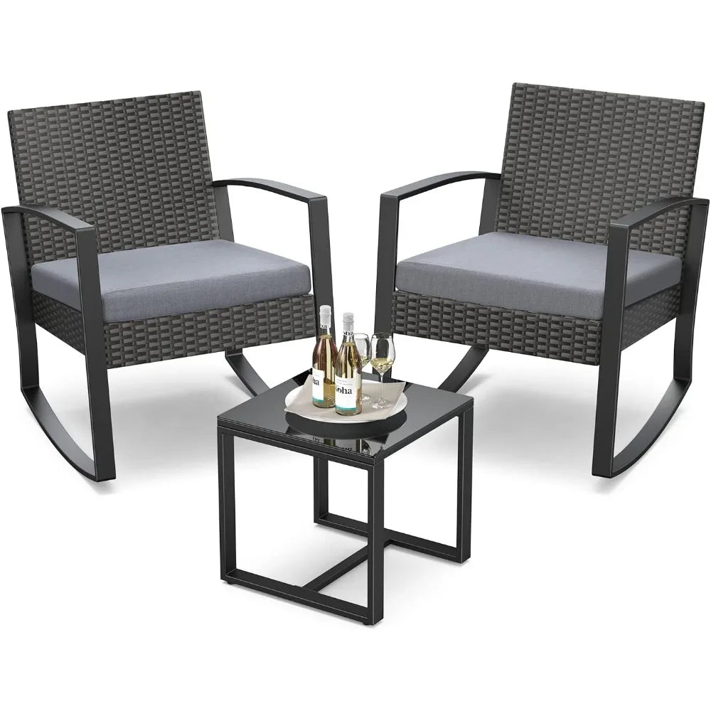 3 Pieces Patio Furniture Set Rocking Bistro Set Outdoor Rattan Conversation with Coffee Table for Garden Balcony Backyard FREE SHIPPING