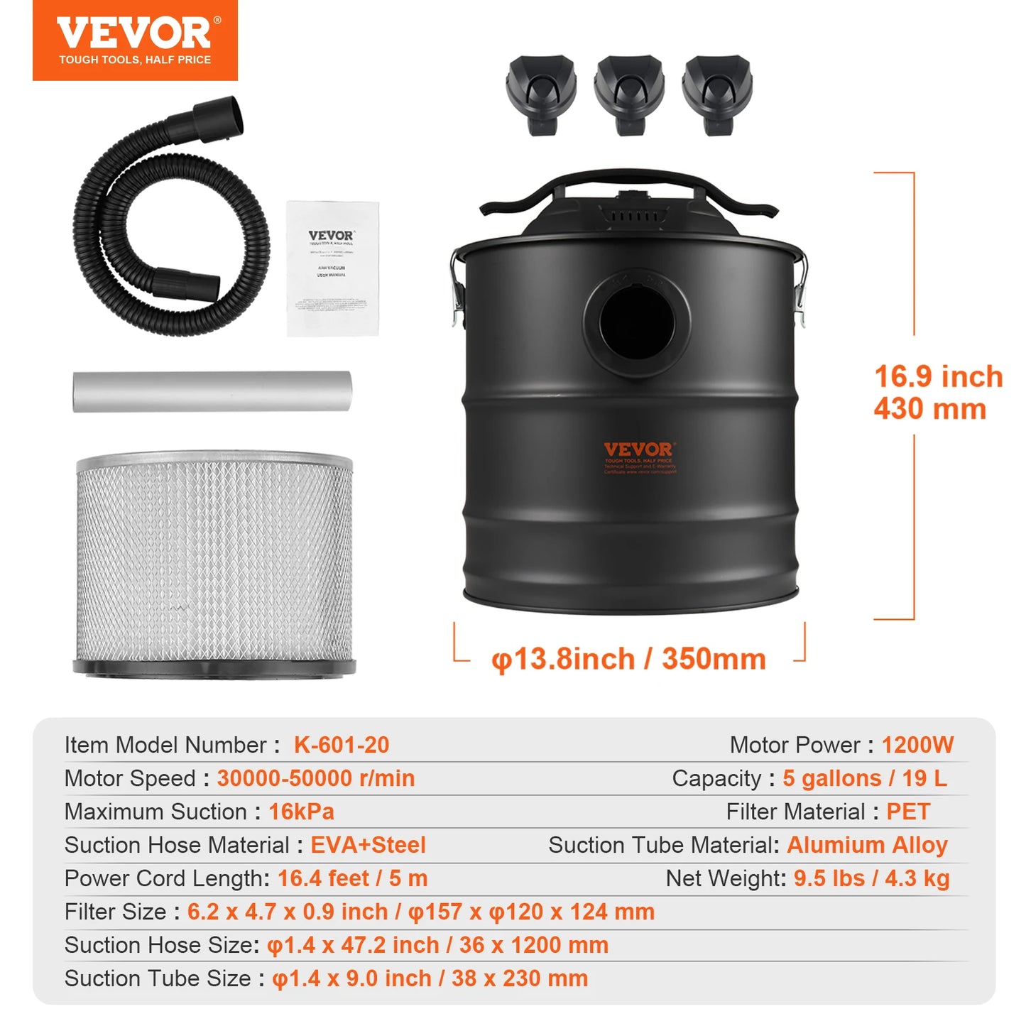 VEVOR Ash Vacuum Cleaner 12L Powerful Suction Fireplace Vacuum with Reverse Suction Power Cable 10 Kpa Max. Vacuum for Fireplaces Free Shipping
