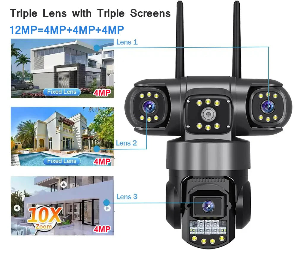 V380 Pro WiFi IP Camera Outdoor 12MP 6K Triple Lenses Triple Screens Security Video Monitor Night Vision Waterproof CCTV Cameras FREE Shipping
