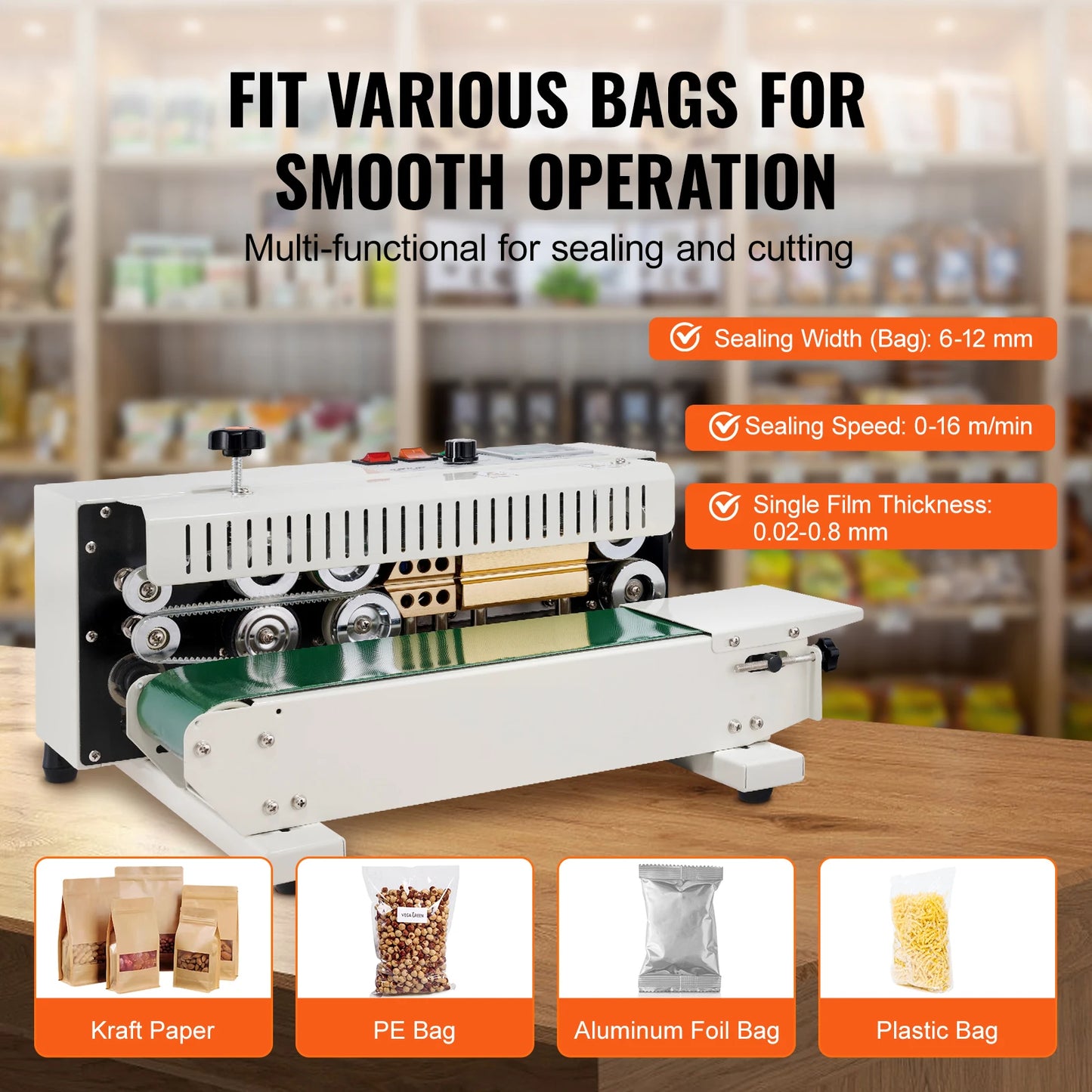VEVOR Horizontal Bag Band Sealing Machine Continuous Band Sealer Machine Carbon Steel for 0.02-0.8 mm Plastic Bags Films FREE SHIPPING