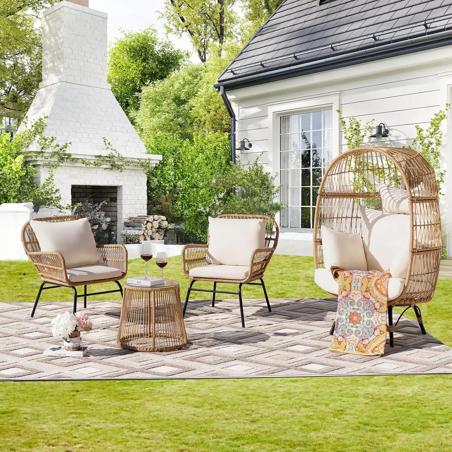 7-piece Bohemian Style Outdoor Courtyard Furniture Sofa Set, Including Egg Chairs, L-shaped Leisure Chairs, and Beige Cushions FREE Shipping