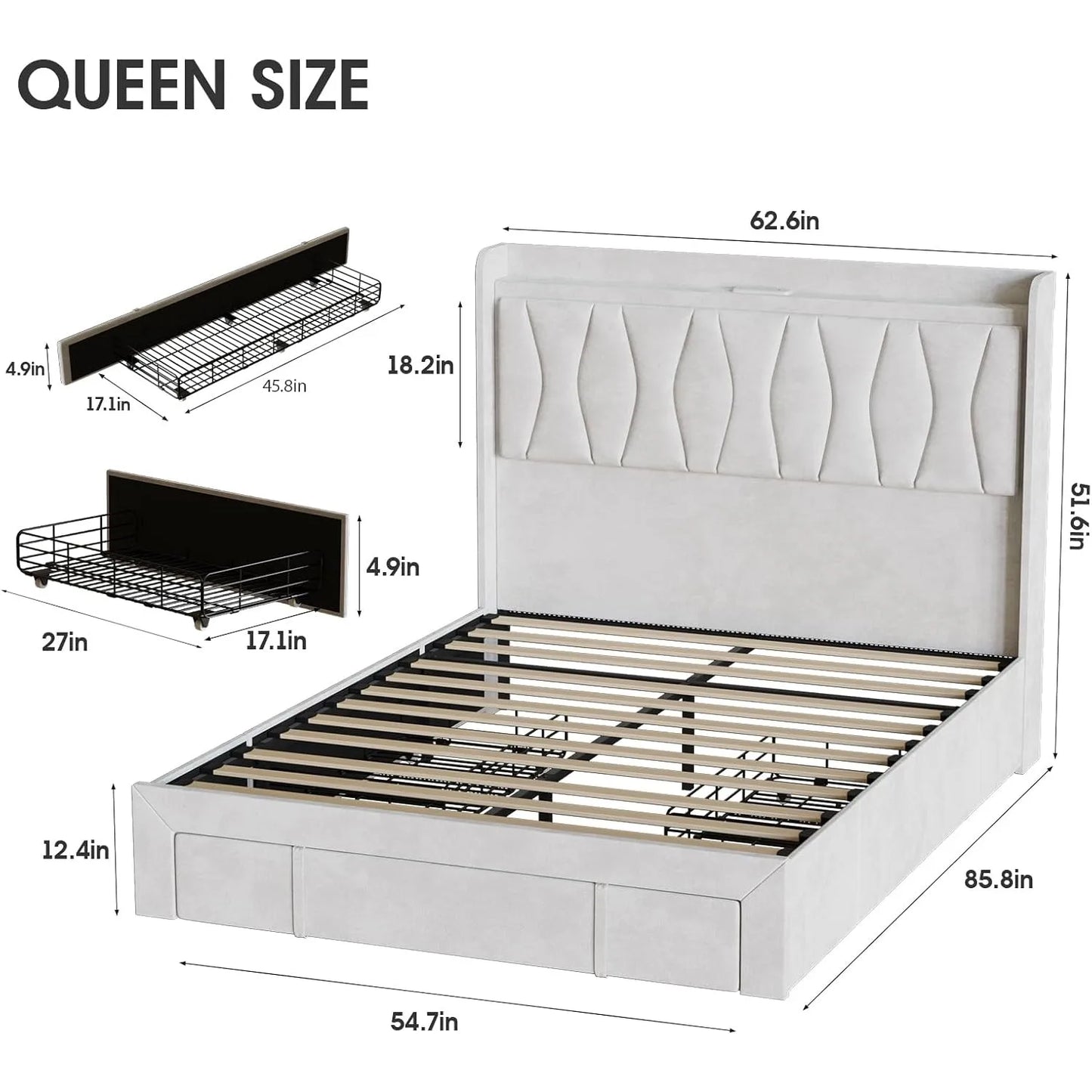 Queen Size Bed Frame with LED Light and 3 Drawers Storage, Upholstered Velvet Platform Bed Frame with Charging Station Free Shipping