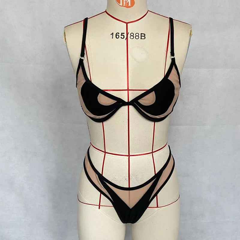 BEACHCICI Bikinis 2 Piece Set Women Summer Fashion Sexy Patchwork Suspender Hollow Out Sheer Backless Lace Up Top With Pants Set FREE Shipping