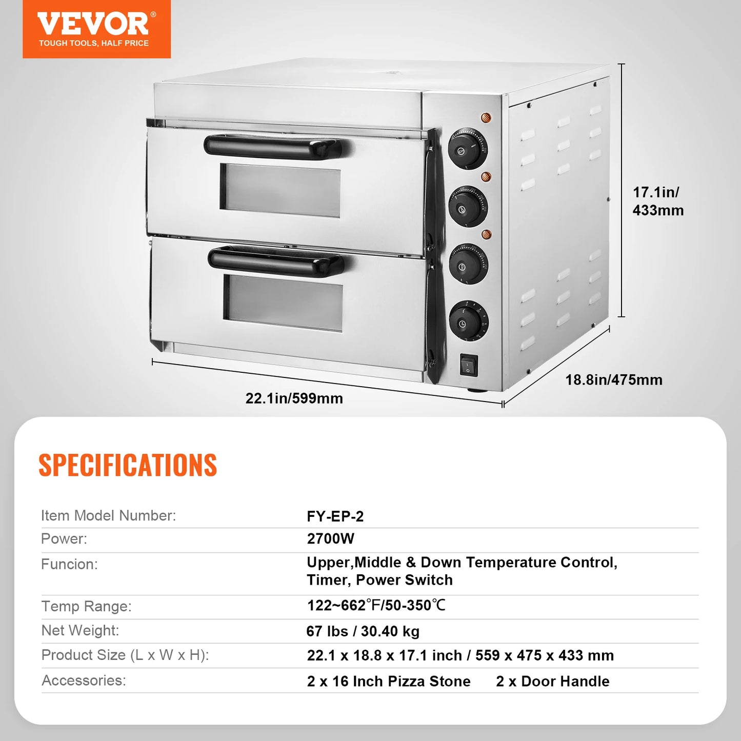 VEVOR Commercial Pizza Oven Countertop Single Deck Layer Stainless Steel Electric Pizza Oven with Stone and Handle Pizza Maker Free Shipping