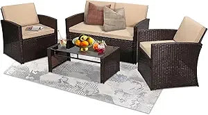 4 Piece Patio Conversation Set, Outdoor Wicker Sectional Furniture with Sofa, 2 Chairs, and Coffee Table, for Porch, Deck, Grey FREE SHIPPING