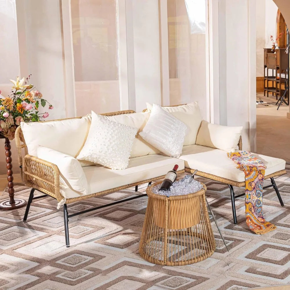 7-piece Bohemian Style Outdoor Courtyard Furniture Sofa Set, Including Egg Chairs, L-shaped Leisure Chairs, and Beige Cushions FREE Shipping