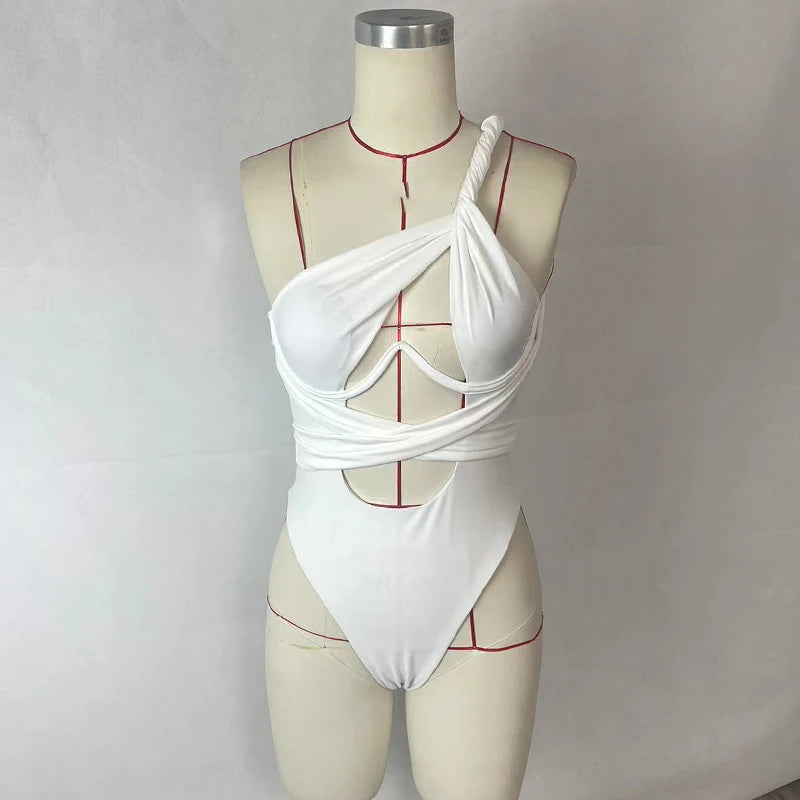 Women's Bikini One Piece Sexy Solid One Shoulder Slim Tie Up Pleated Hollow Out Nipped Waist Beach Swimwear For Female FREE Shipping