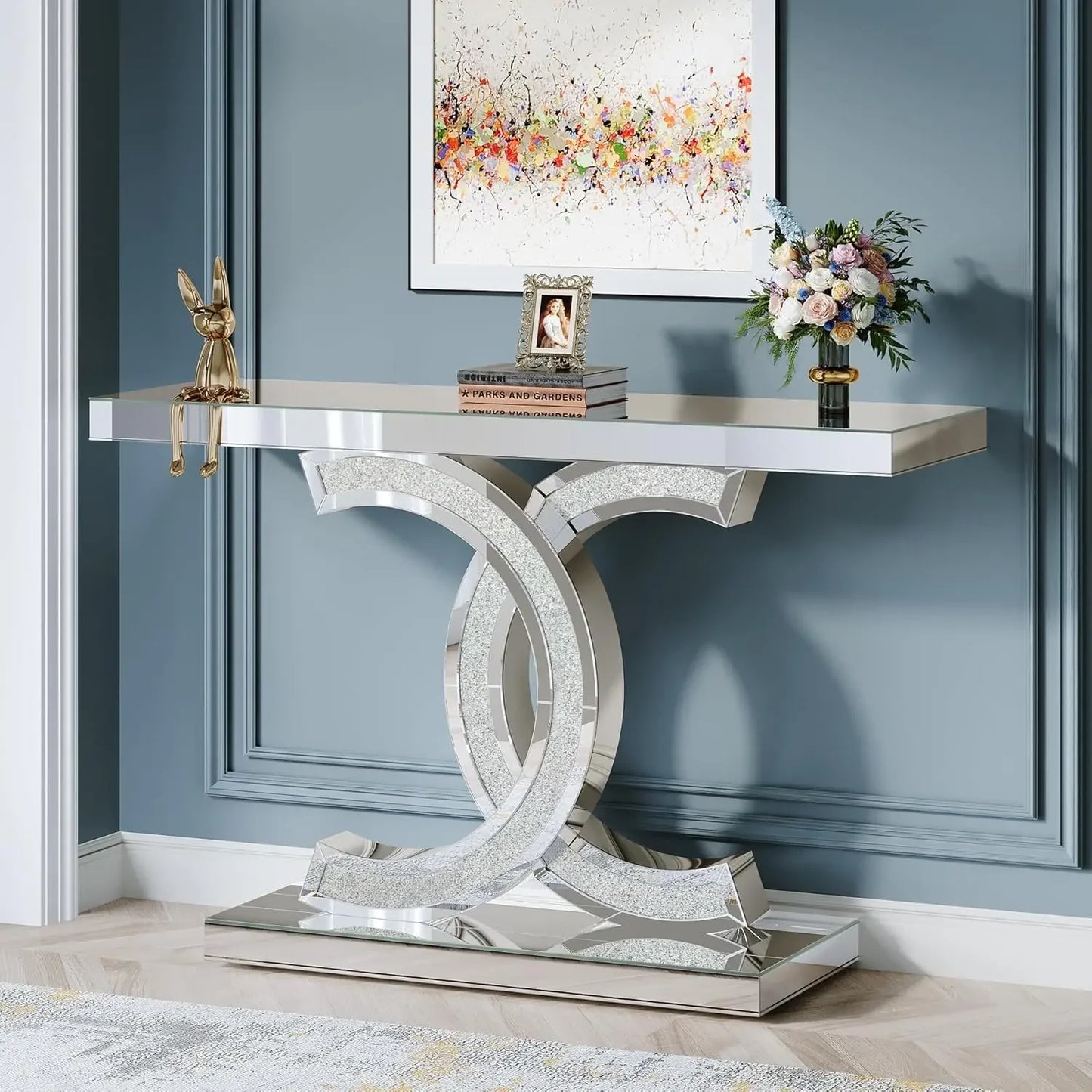 Mirrored Console Table, Modern Silver Entryway Table with Sparkling Crystal Inlays, Mirror Finish for Entrance, Living Room FREE SHIPPING