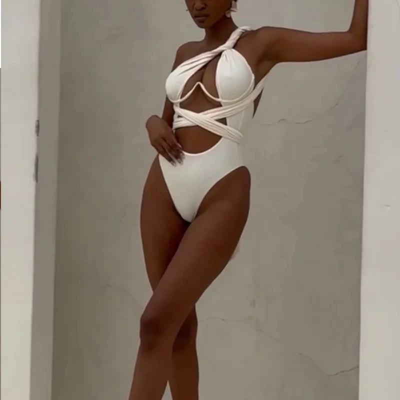 Women's Bikini One Piece Sexy Solid One Shoulder Slim Tie Up Pleated Hollow Out Nipped Waist Beach Swimwear For Female FREE Shipping