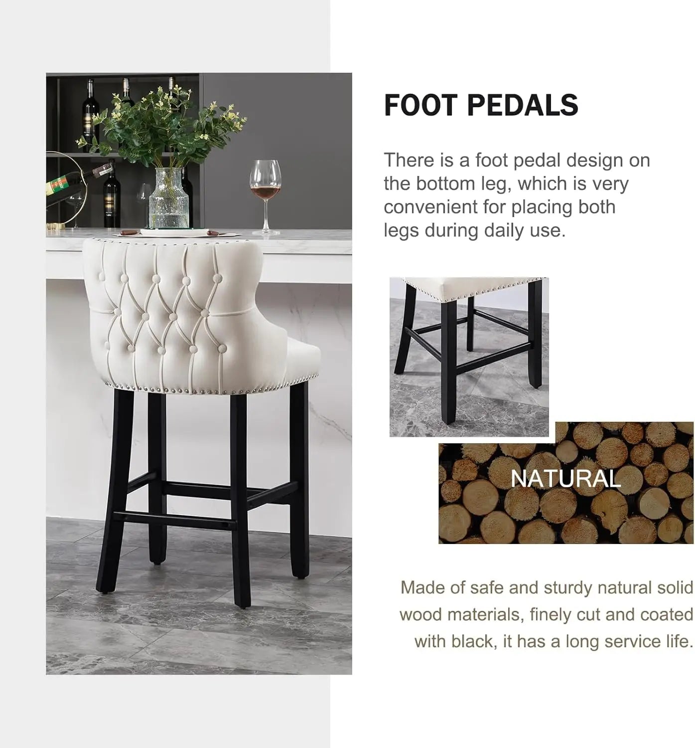 Nrizc Velvet Bar Stools Set of 4, Tufted Counter Height with Back, Upholstered Wooden Stools for Kitchen Island Dining FREE Shipping