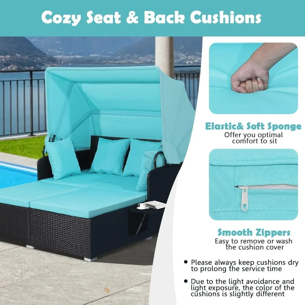 Patio Rattan Daybed with Retractable Canopy, Patiojoy Wicker Sun Lounger with 2 Foldable Side Panels, Thick Seat & Back Cushions FREE Shipping