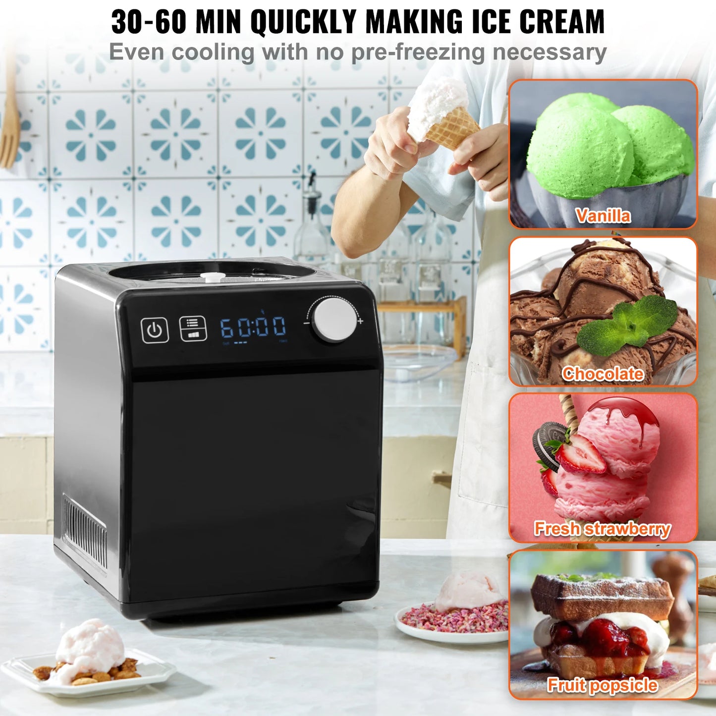 VEVOR Upright Automatic Ice Cream Maker with Built-in Compressor Capacity 1501 ML, 2 QT