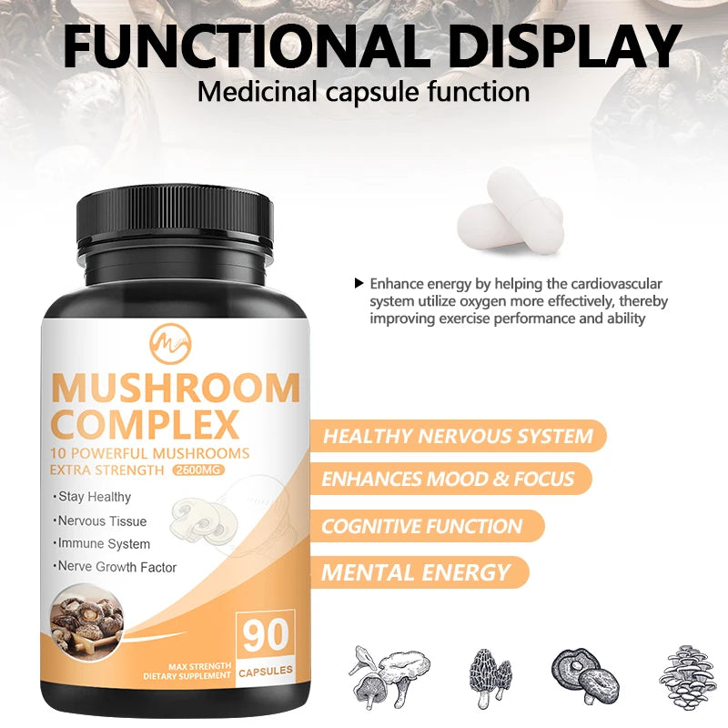 High Strength Mushroom Supplement 900MG Mushroom Complex Capsules - Brain Supplements for Memory and Focus Vegan Free Shipping
