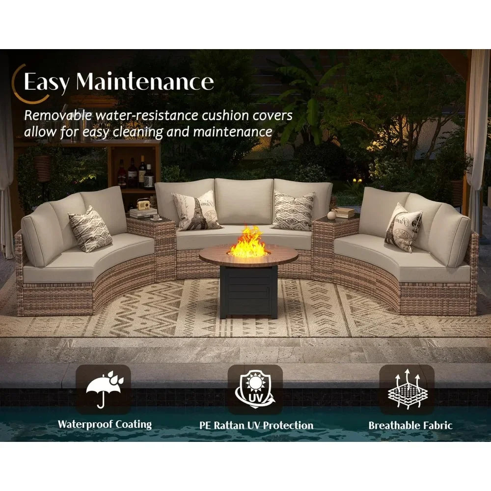 11-Piece Patio Furniture Set, Half-Moon Outdoor Wicker Sectional Sofa with Large Storage Wedge Table, All-Weather Wicker Conversation Set for Backyard, Garden, or Deck, Blue Patio Conversation Set FREE Shipping