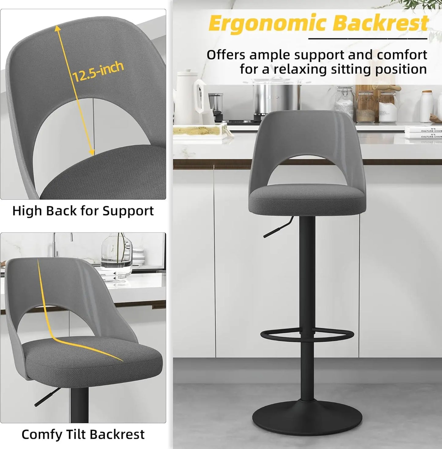 Bar Stools Set of 6 for Kitchen Counter, Seat Height Adjustable 25''-33'', Modern Upholstered Swivel Island Chairs