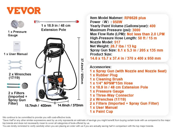 VEVOR 750W 950W Airless Paint Sprayer 3000PSI High Efficiency Electric Airless Sprayer Handheld Paint Sprayers for Home Interior FREE Shipping