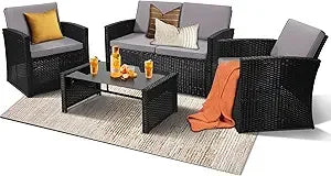4 Piece Patio Conversation Set, Outdoor Wicker Sectional Furniture with Sofa, 2 Chairs, and Coffee Table, for Porch, Deck, Grey FREE SHIPPING