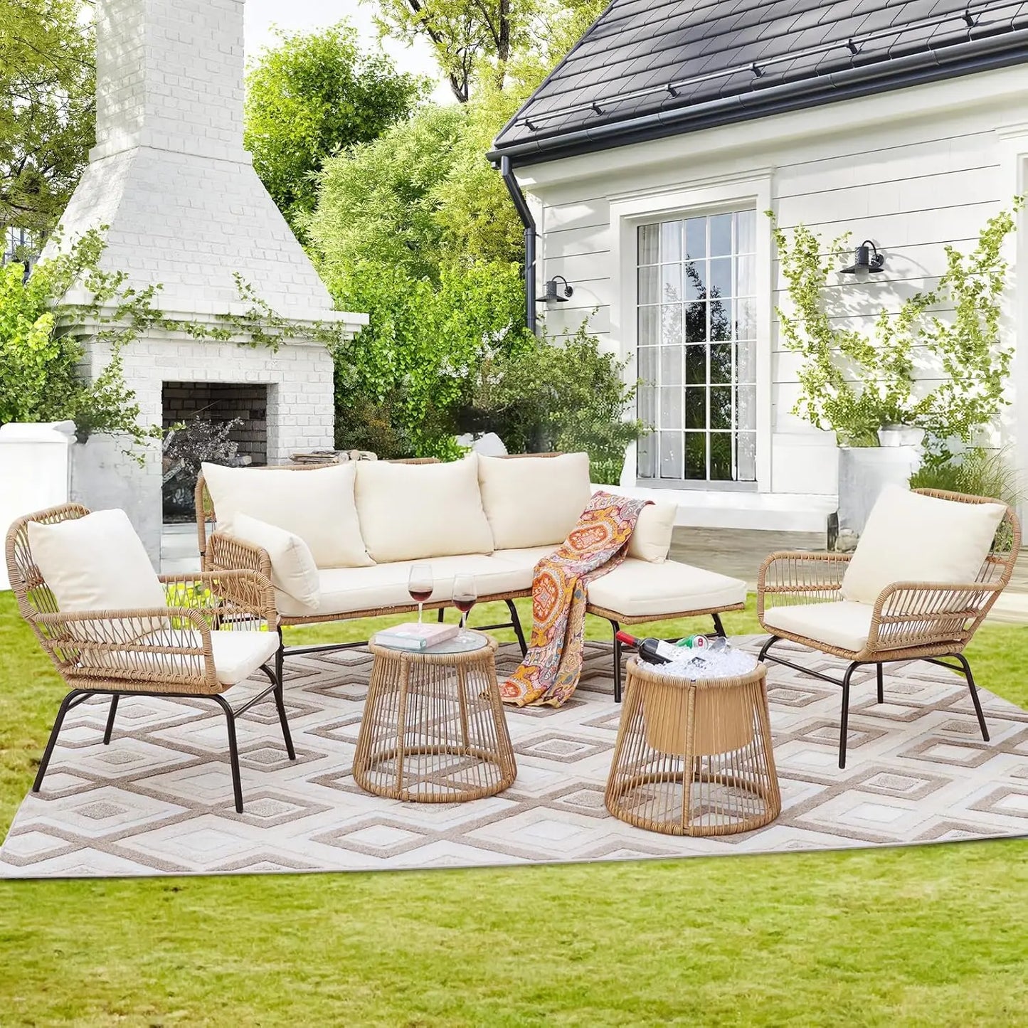 7-piece Bohemian Style Outdoor Courtyard Furniture Sofa Set, Including Egg Chairs, L-shaped Leisure Chairs, and Beige Cushions FREE Shipping