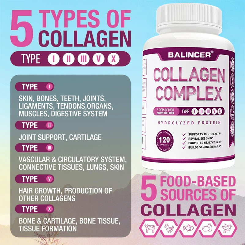 Hydrolyzed Collagen Peptides + Protein Supports Hair, Skin, Nails, Joints & Bones - Contains Type 5, I, II, III, V, X - Non-GMO FREE Shipping