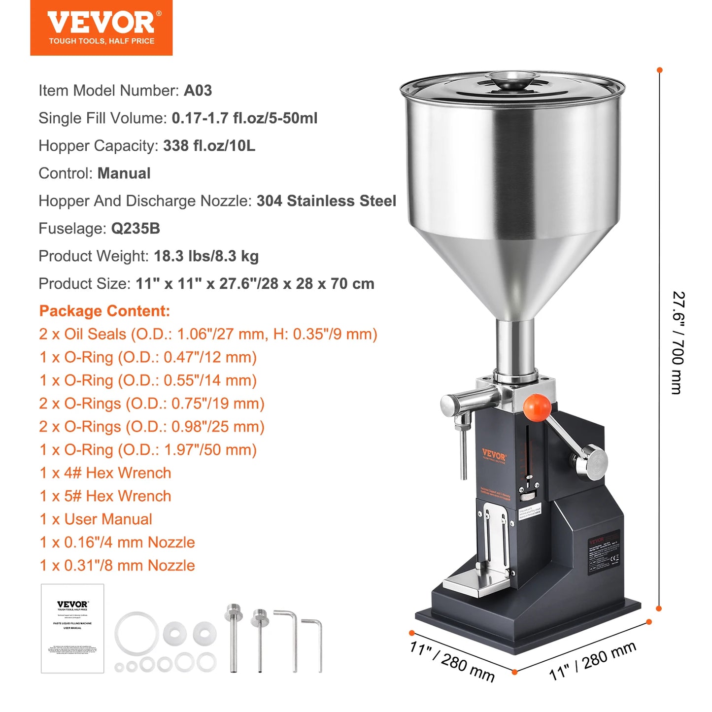VEVOR A03 5-50ml/5-100ml Manual Liquid Filling Machine Paste Bottle Filler Adjustable with Hopper for Water Juice Shampoo Honey FREE Shipping