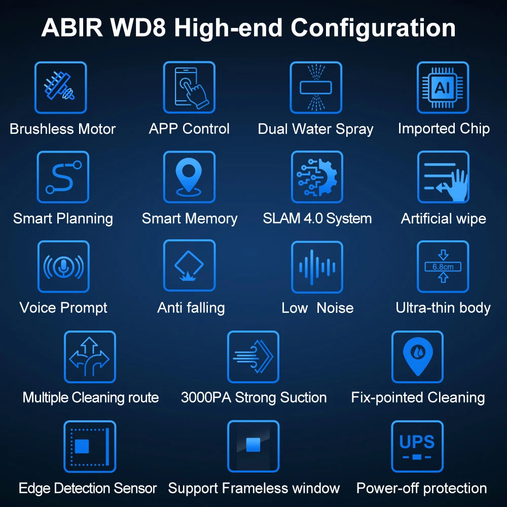 ABIR WD8 Robot Window Vacuum Cleaner,Dual Water Spray,Laser Sensor,Smart Home Glass Wall Wet Dry Cleaning ,APP&Remote Control FREE Shipping