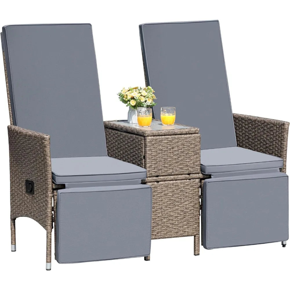 Terrace lounge chair, double sofa chair, adjustable backrest, wicker dialogue set, with table, thick cushion, multi area use Free Shipping