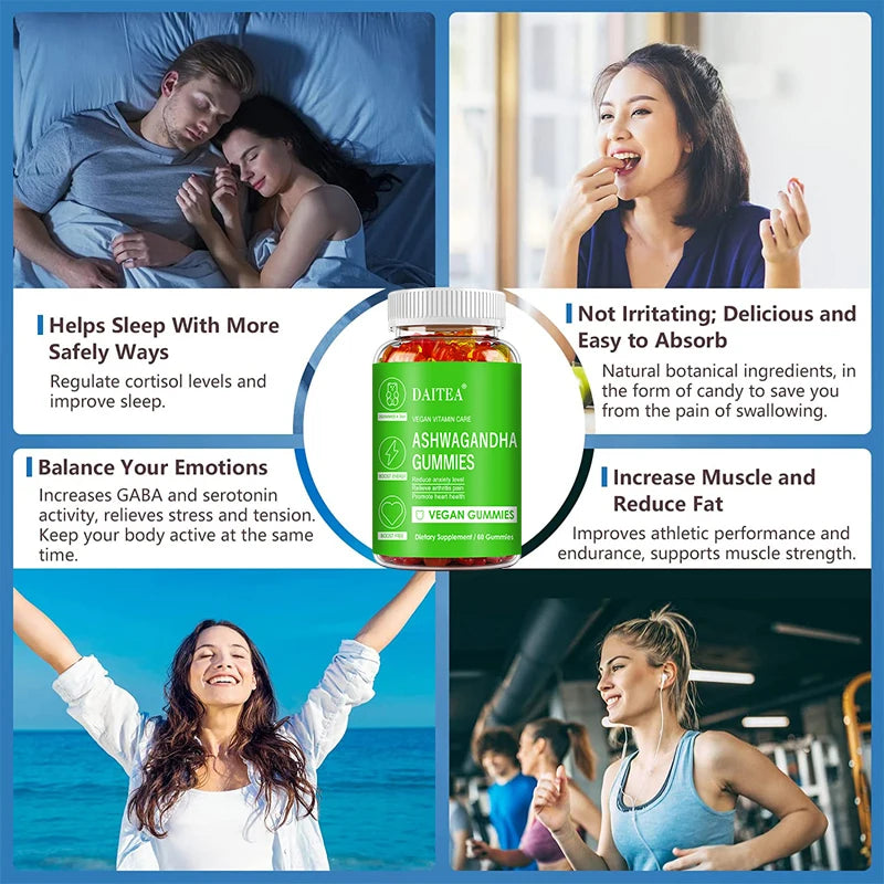 DAITEA Ashwagandha Gummies - Reduces Stress and Anxiety, Supports Heart, Joints, Immunity and Energy, Vegetarian, dolores de espalda Free Shipping