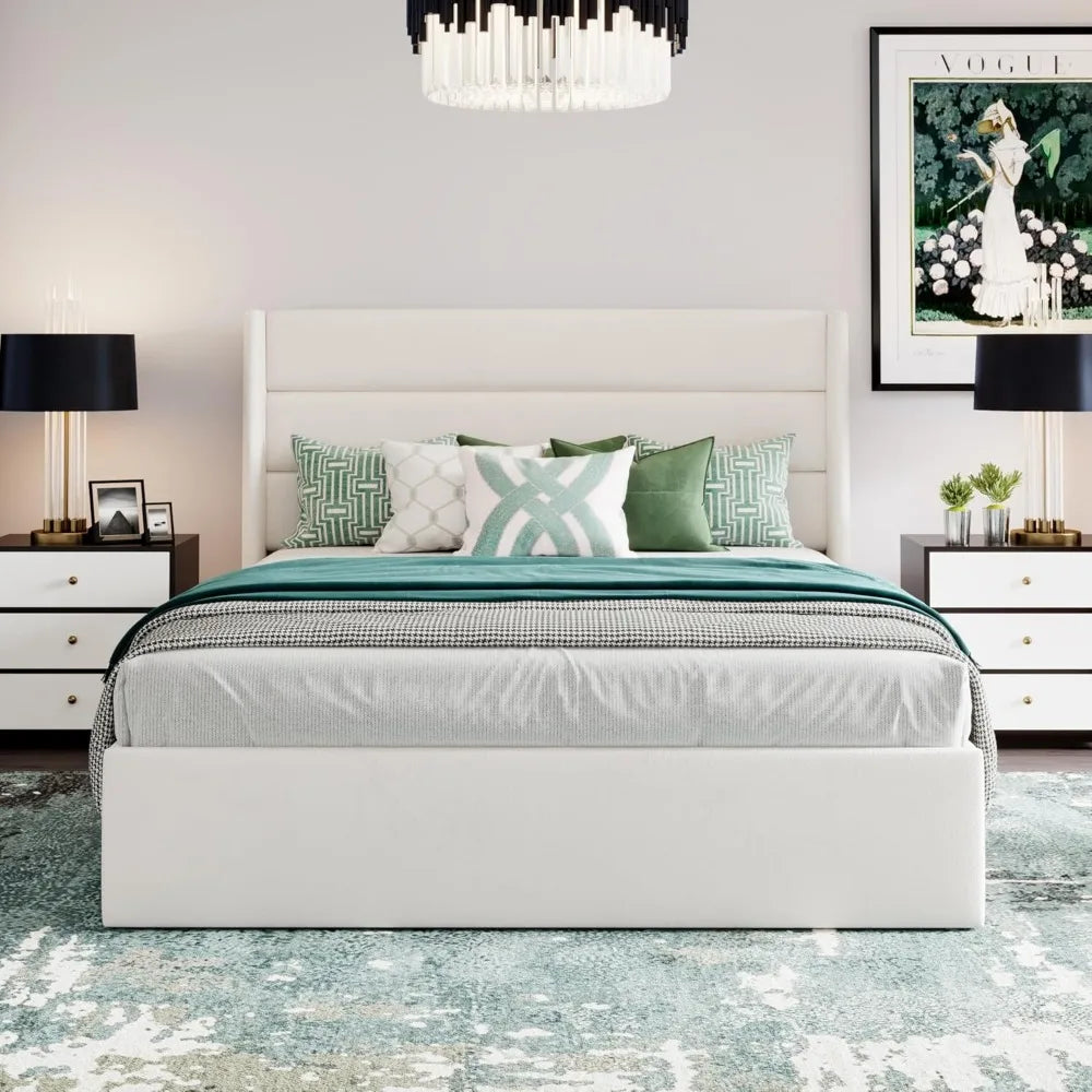 Full Size Lift Up Storage Bed/Velvet Upholstered/Modern Wingback Headboard/Upholstered Platform Bed Frame/Hydraulic S