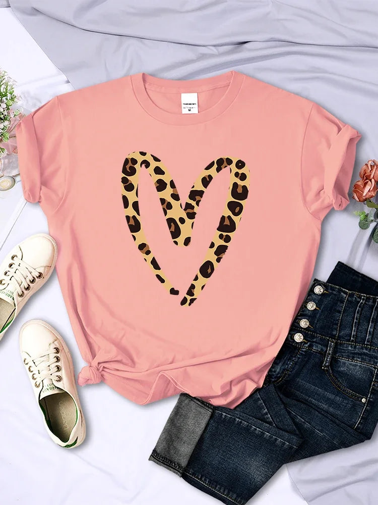 Hollow Out Leopard Print Love Tshirt Women Fashion Casual T Shirt Street Sport Soft Tee Shirt Breathable Street T Shirt Woman