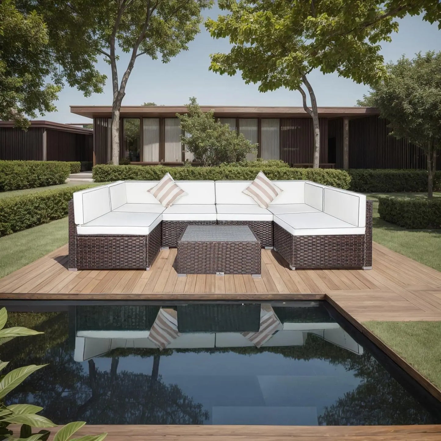 7 Piece Outdoor Patio Furniture Set with Cushions, PE Rattan Wicker Modular Patio Sofa Set with Coffee Table, and Two Pillows FREE Shipping