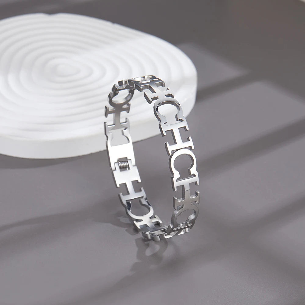 Classic letter cut black enamel gold plated stainless steel bracelet, high quality waterproof silver jewelry
