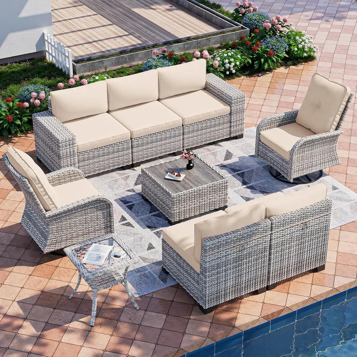 9-Piece Outdoor Patio Furniture Set with Rocking Swivel Chair Wicker Sectional Sofa Set, with Thickened Cushions & Coffee Table FREE SHIPPING