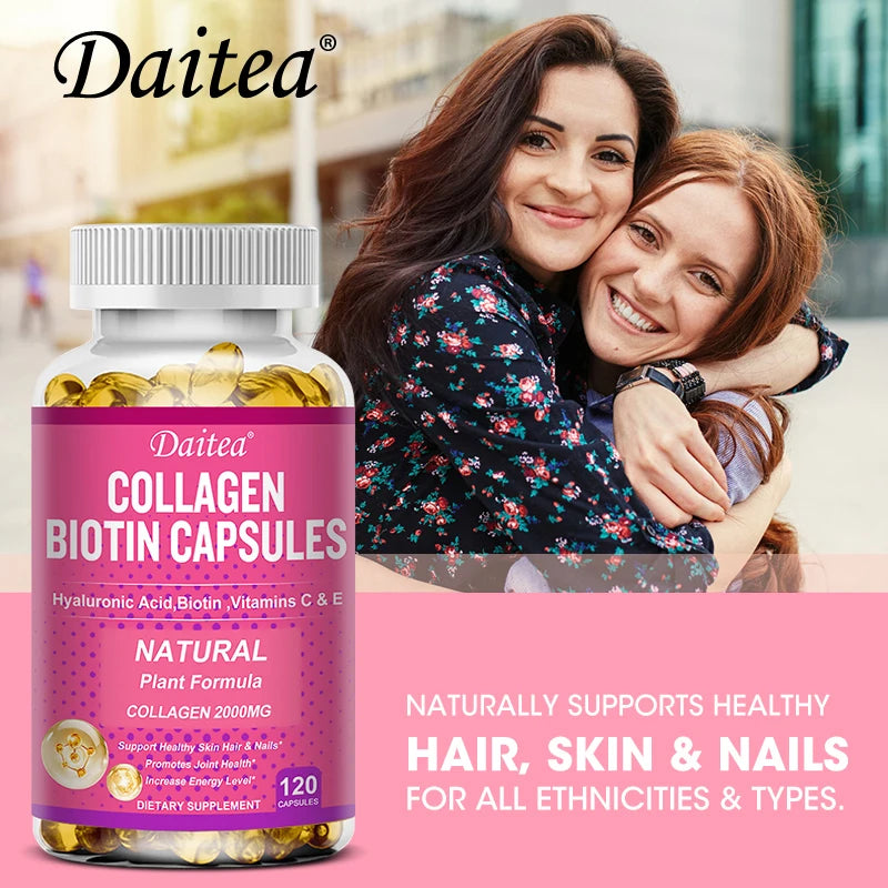 Collagen Biotin Supplement - Hyaluronic Acid Biotin Vitamin C E - Hair Skin Nails Joint Support Vegan Capsules Free Shipping