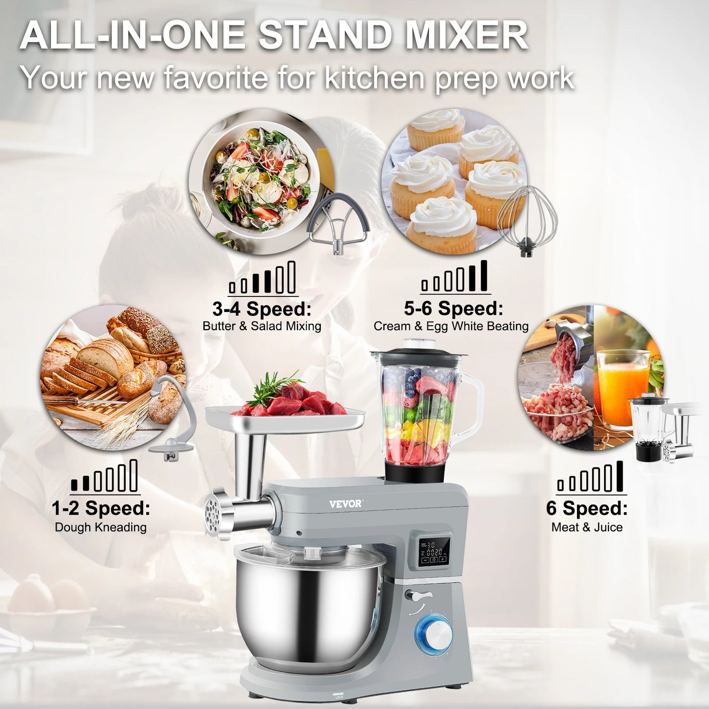 VEVOR 5 IN 1 Stand Mixer Tilt-Head Multifunctional Electric Mixer w/ 6 Speeds LCD Screen Timing 7.4 Qt Stainless Bowl Dough Hook FREE SHIPPING