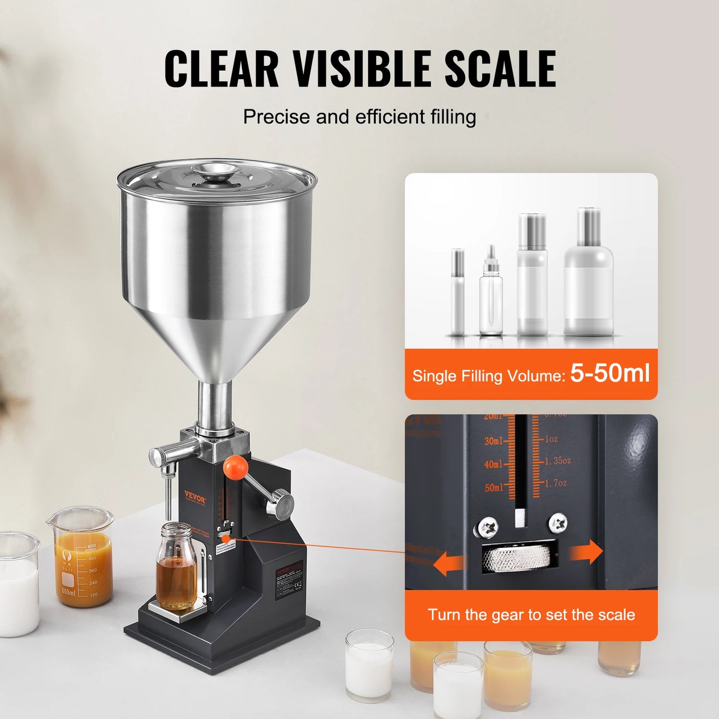 VEVOR A03 5-50ml/5-100ml Manual Liquid Filling Machine Paste Bottle Filler Adjustable with Hopper for Water Juice Shampoo Honey FREE Shipping