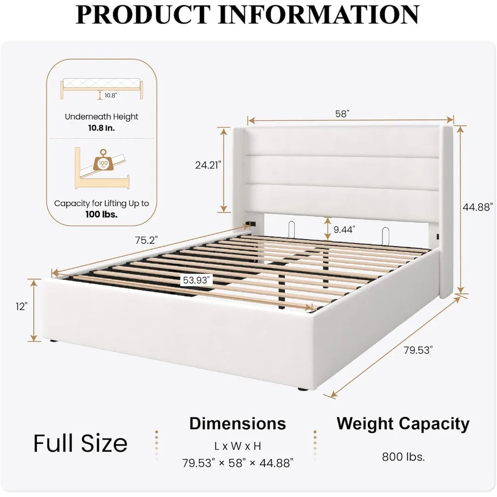 Full Size Lift Up Storage Bed/Velvet Upholstered/Modern Wingback Headboard/Upholstered Platform Bed Frame/Hydraulic S