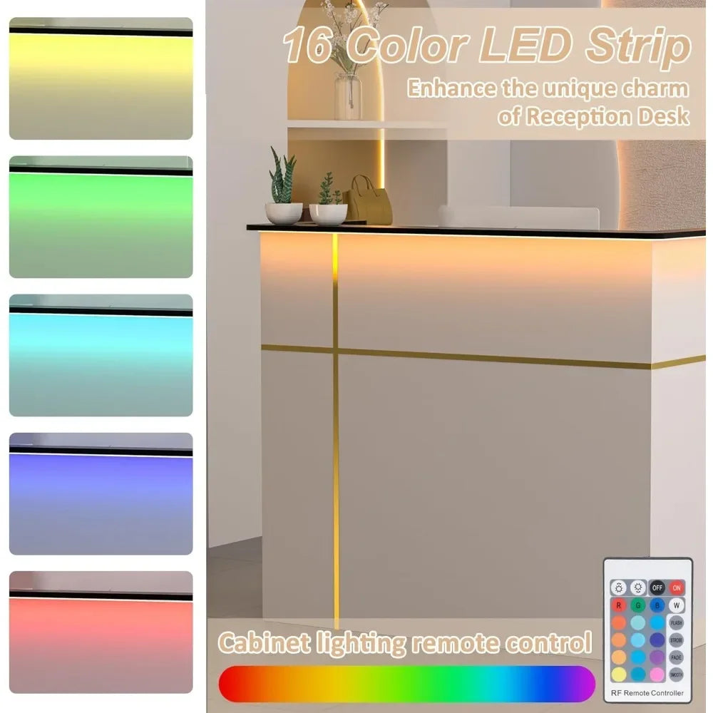 Reception Desk with Counter, Modern Front Table Equipped Lockers & Storage Shelves, 50-inch Checkout Counter with LED Lights & DIY Stripe for Lobbies, Salons, Retail, Home Offices, Reception Room FREE Shipping
