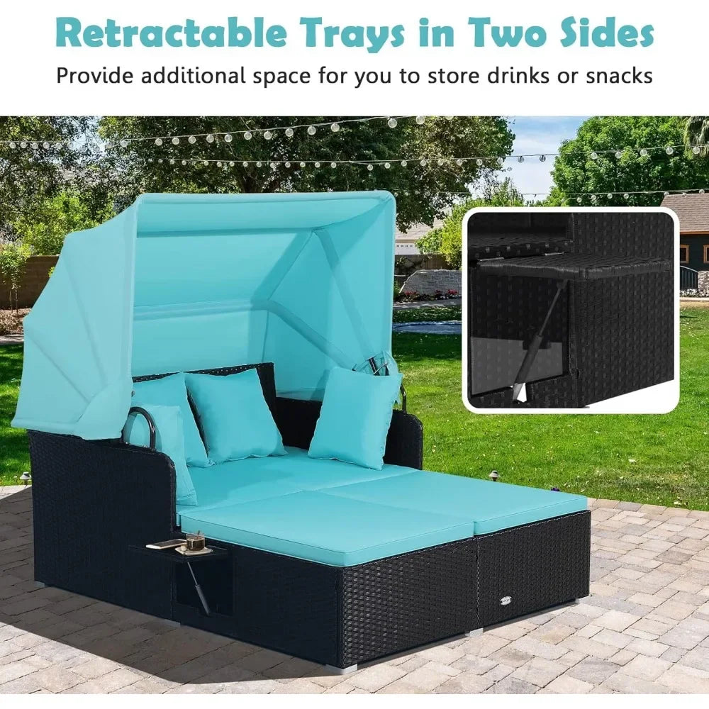 Patio Rattan Daybed with Retractable Canopy, Patiojoy Wicker Sun Lounger with 2 Foldable Side Panels, Thick Seat & Back Cushions FREE Shipping