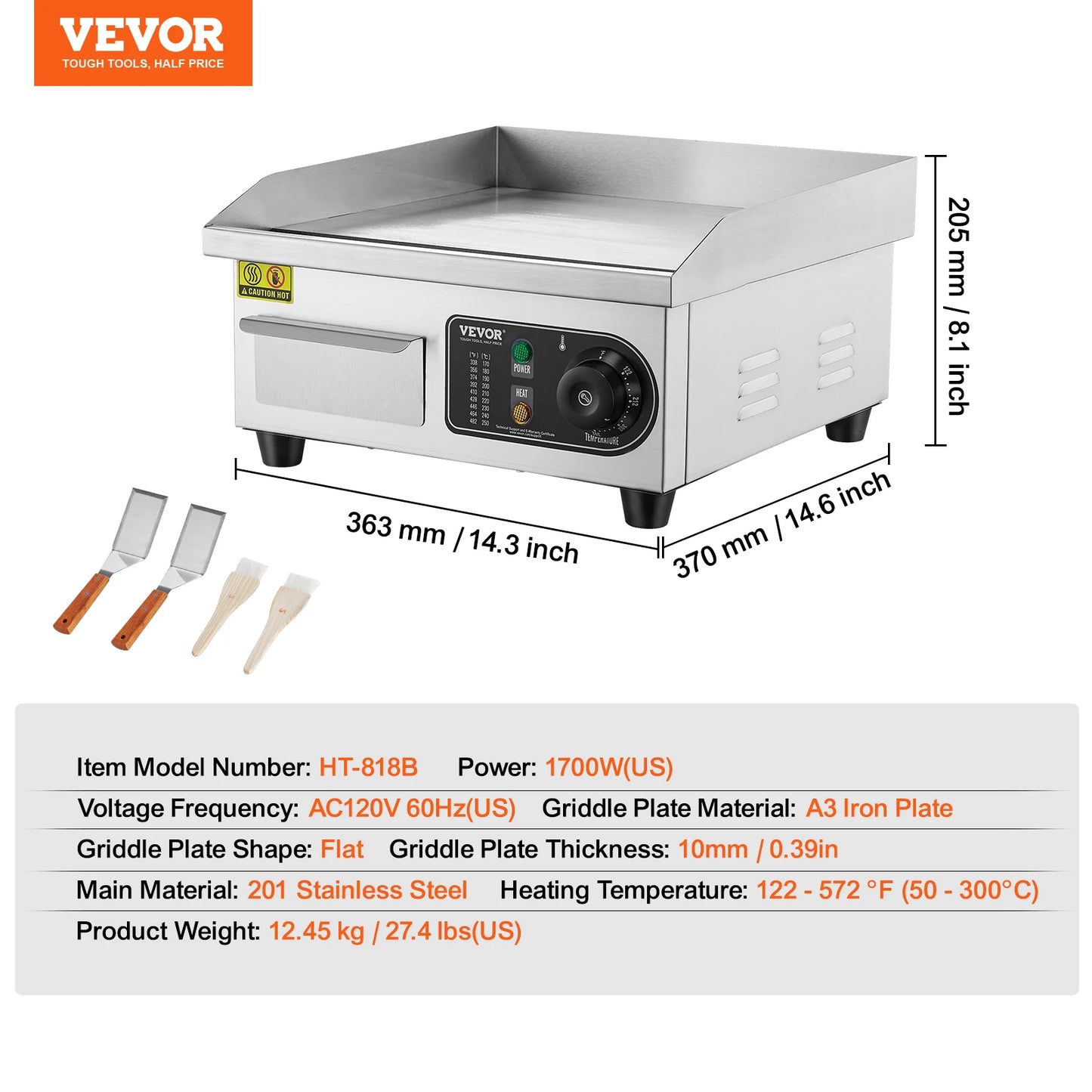 VEVOR Commercial Electric Griddle 1700W Countertop Flat Top Grill 122℉-572 ℉ Adjustable Temprature Stainless Steel Griddle Grill FREE SHIPPING