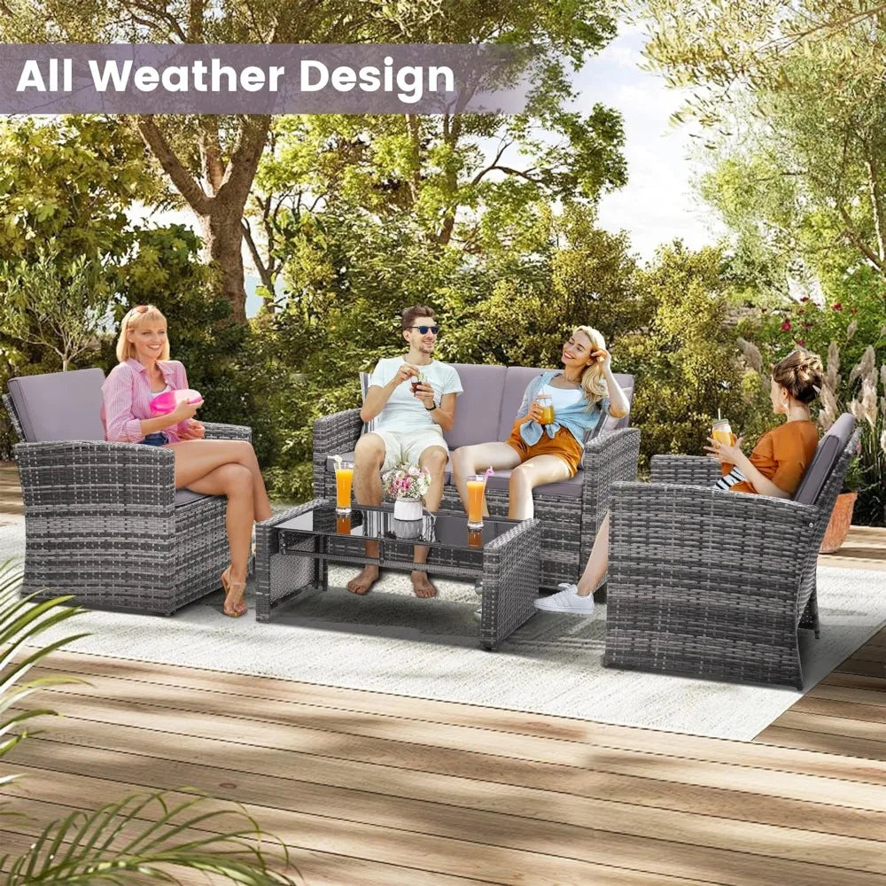 4 Piece Patio Conversation Set, Outdoor Wicker Sectional Furniture with Sofa, 2 Chairs, and Coffee Table, for Porch, Deck, Grey FREE SHIPPING