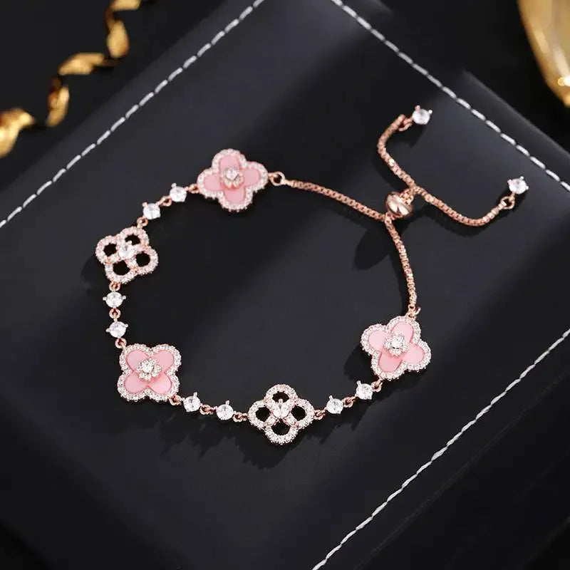 Qimeng Sweet Cherry" Vintage Pink Mother-of-Pearl Four-Leaf Clover Bracelet with Micro-Zirconia Inlay and Cutout Design FREE Shipping