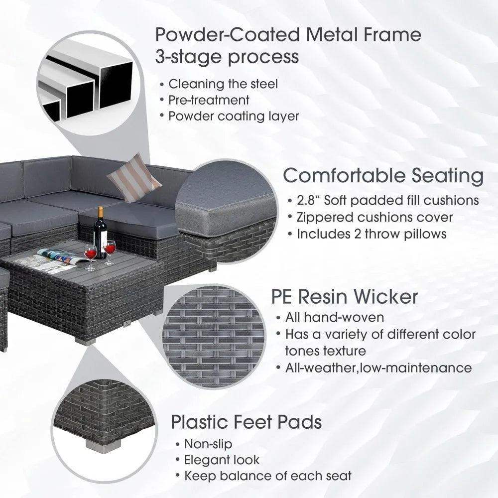 7 Piece Outdoor Patio Furniture Set with Cushions, PE Rattan Wicker Modular Patio Sofa Set with Coffee Table, and Two Pillows FREE Shipping