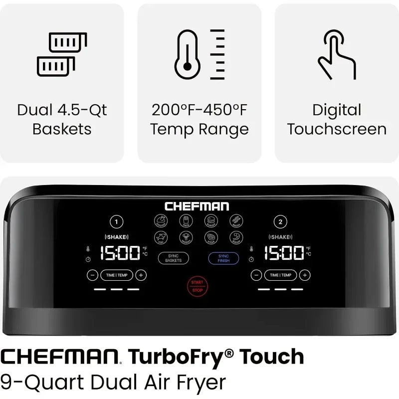 Chefman 6 and 9 Quart Dual Basket Air Fryer - Digital Touchscreen, Smart Sync Finish, Hi-Fry, Auto Shutoff, 2 Independent 3QT Nonstick FREE Shipping