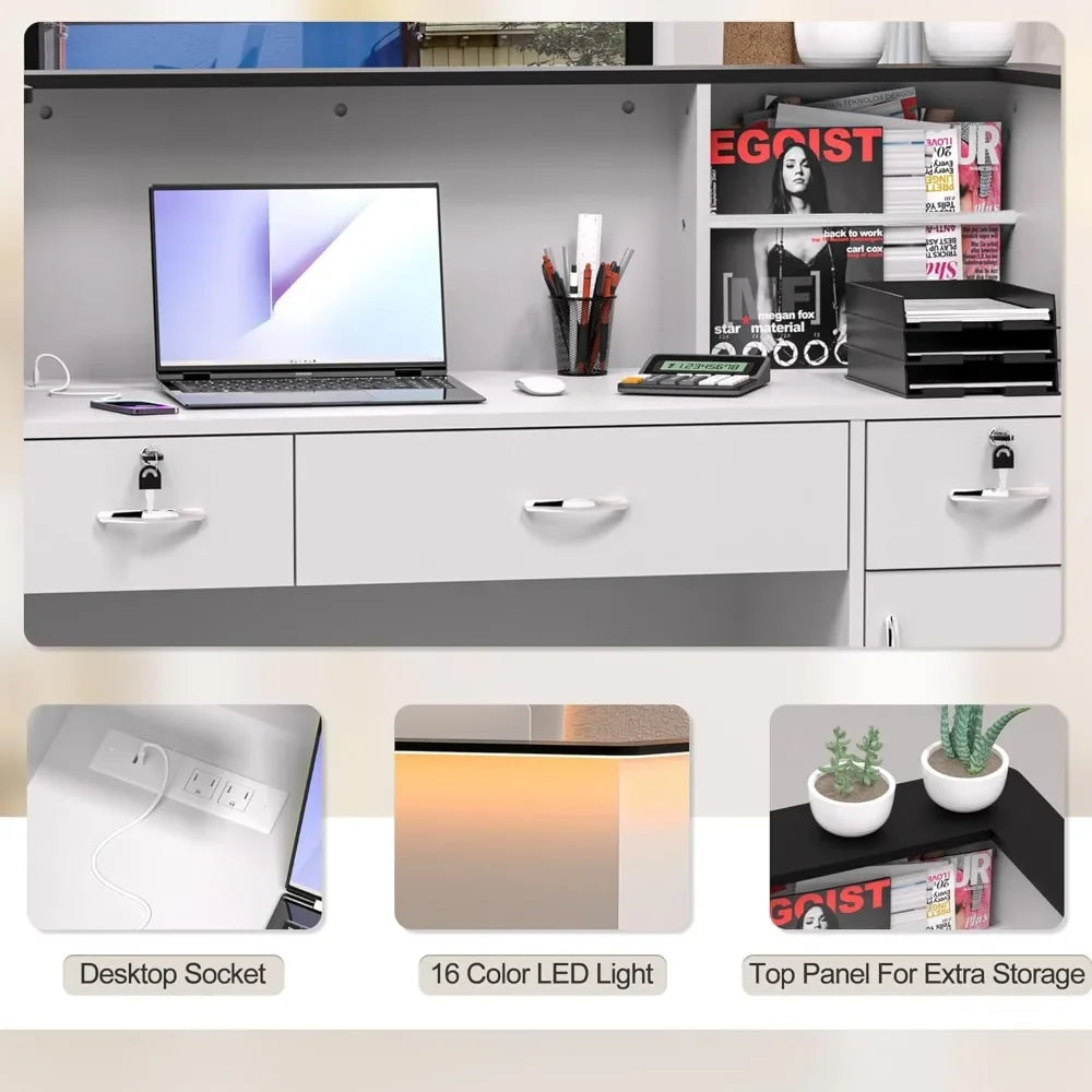 Reception Desk with Counter, Modern Front Table Equipped Lockers & Storage Shelves, 50-inch Checkout Counter with LED Lights & DIY Stripe for Lobbies, Salons, Retail, Home Offices, Reception Room FREE Shipping