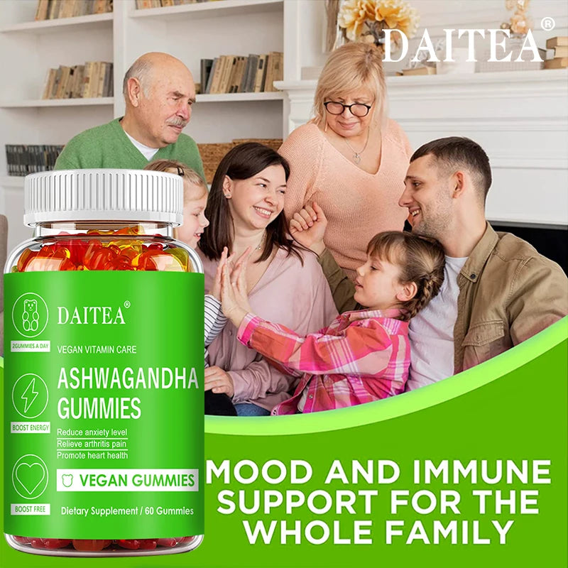 DAITEA Ashwagandha Gummies - Reduces Stress and Anxiety, Supports Heart, Joints, Immunity and Energy, Vegetarian, dolores de espalda Free Shipping