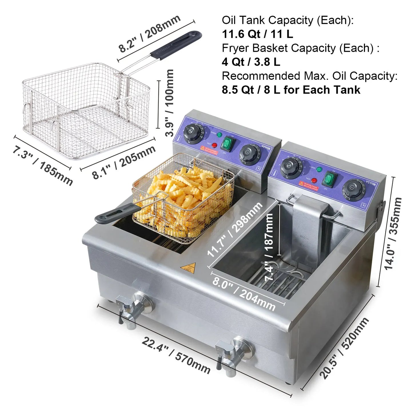 VEVOR Commercial Electric Deep Fryer w/Dual Tanks 12L 3000W Stainless Steel Countertop Fryer for Fried Chicken French Fries Free Shipping
