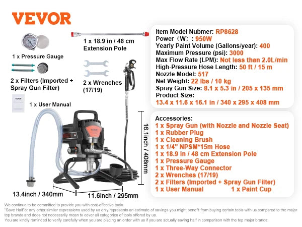 VEVOR 750W 950W Airless Paint Sprayer 3000PSI High Efficiency Electric Airless Sprayer Handheld Paint Sprayers for Home Interior FREE Shipping